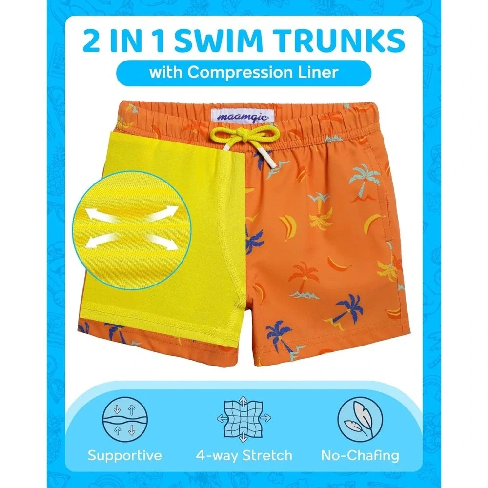 Maamgic Boys Orange Building Block Tropical 2-in-1 Swim Trunks Size 5/6